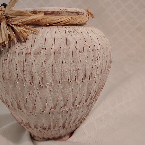 Heavy Southwestern Style Clay Vase W/Raffia Straw & Beaded Fruit - Picture 3 of 8